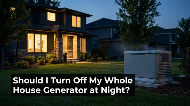 Whole house standby generator running outside a home at night during a power outage