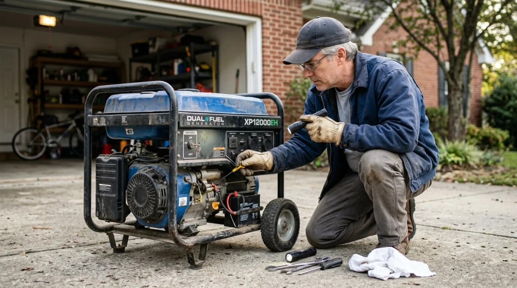 Owner inspecting fuel, oil, wiring and battery before starting a stored generator.