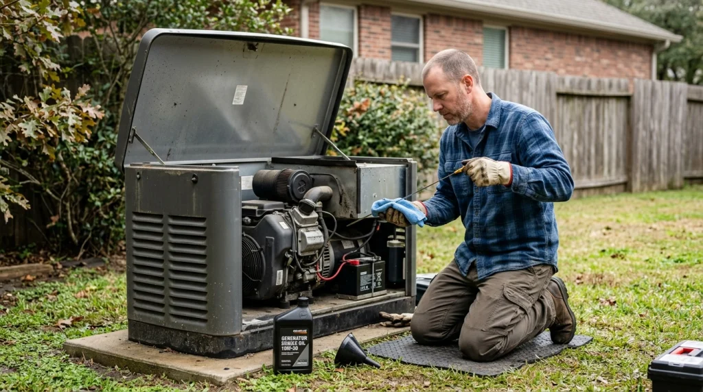 Homeowner checking standby generator oil after extended runtime during a power outage