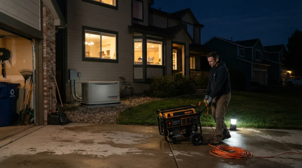 Homeowner comparing automatic standby generator operation with manual portable generator setup