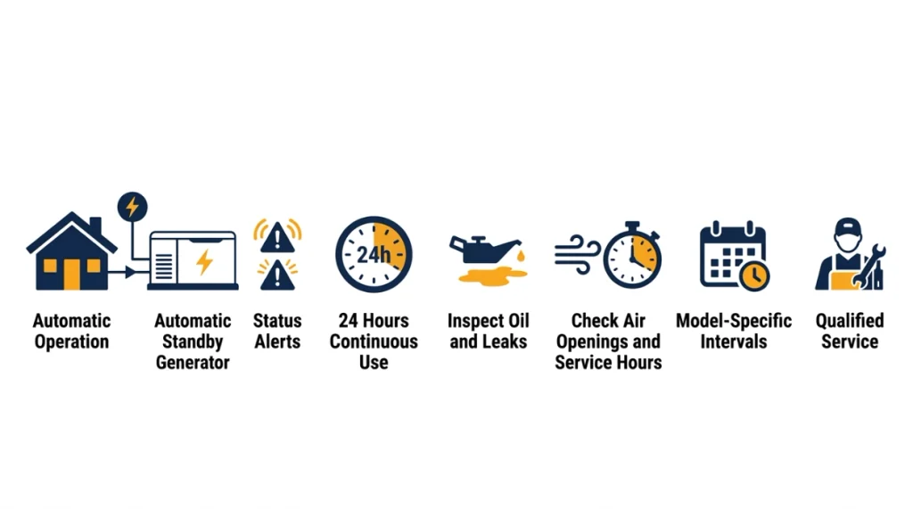 Is it okay to leave a generator running all night? Standby-generator maintenance flowchart.