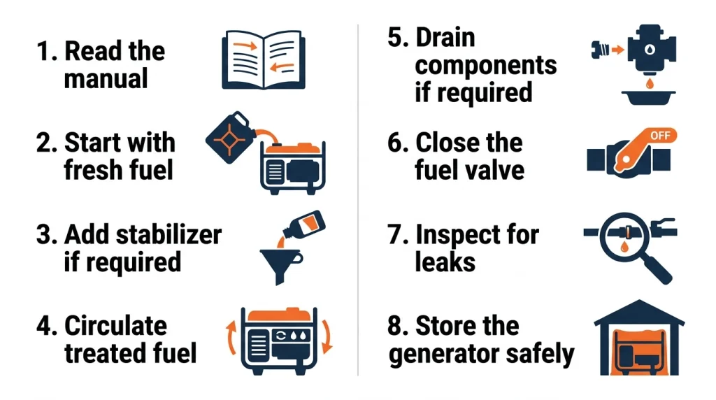 Eight-step generator storage checklist covering fresh fuel, stabilizer, draining, leaks, and safe storage.