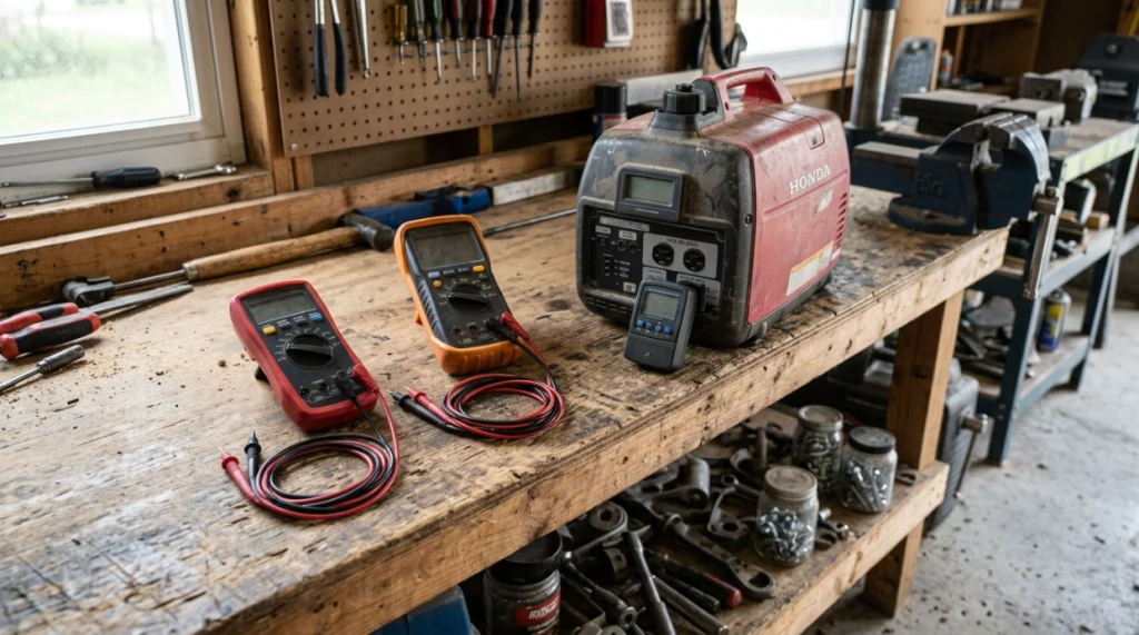 Plug-in watt meter and digital multimeters beside a portable generator for output testing