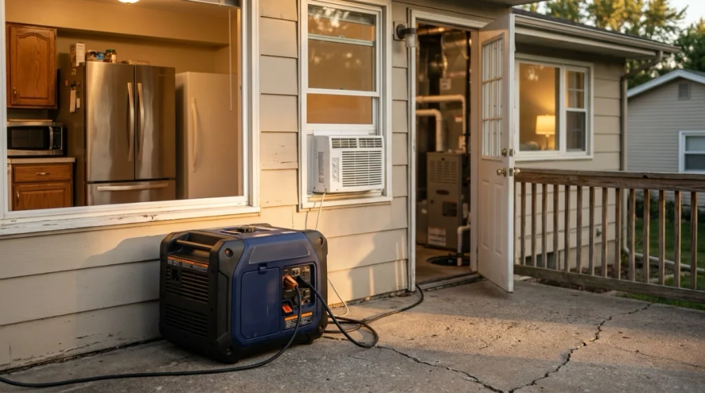 Household appliances and outdoor generator illustrating typical 10,000-watt backup loads
