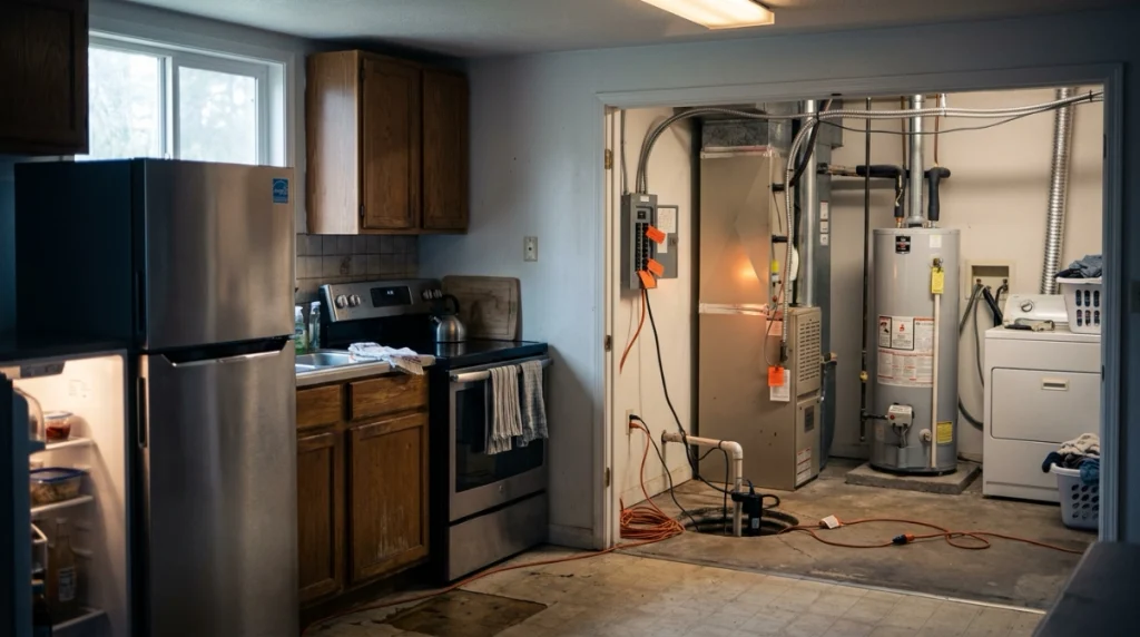 Refrigerator, furnace, sump pump, range, water heater, and dryer representing generator loads
