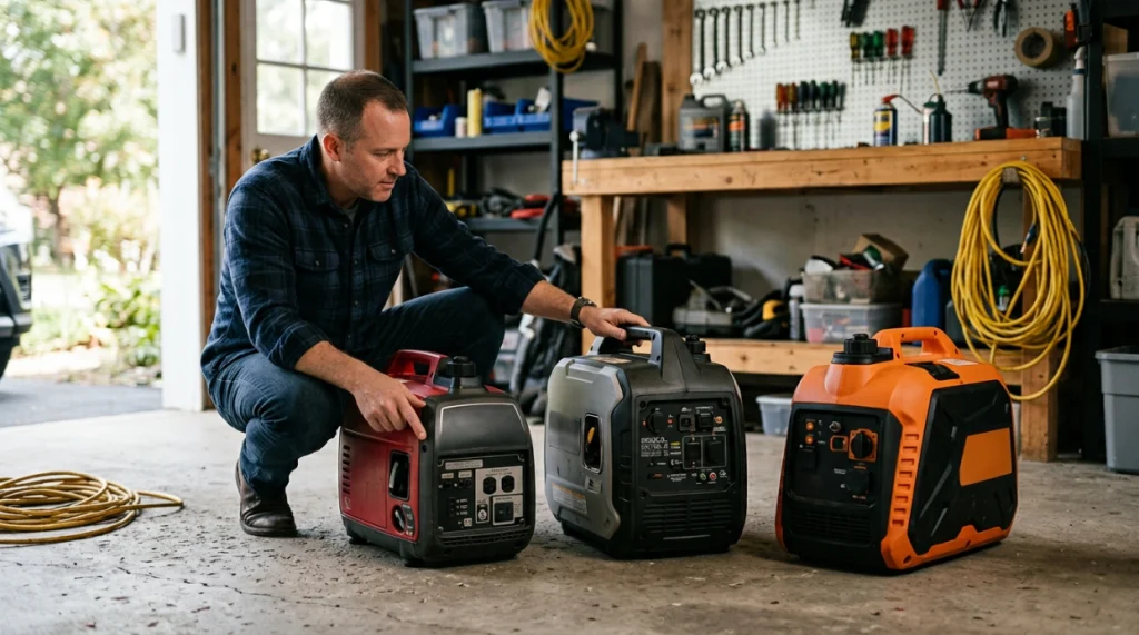 Three compact inverter generators compared in a realistic residential garage setting