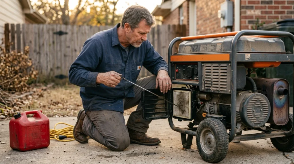 Homeowner inspecting a generator for low oil, heat, dust, overload, and fuel issues.