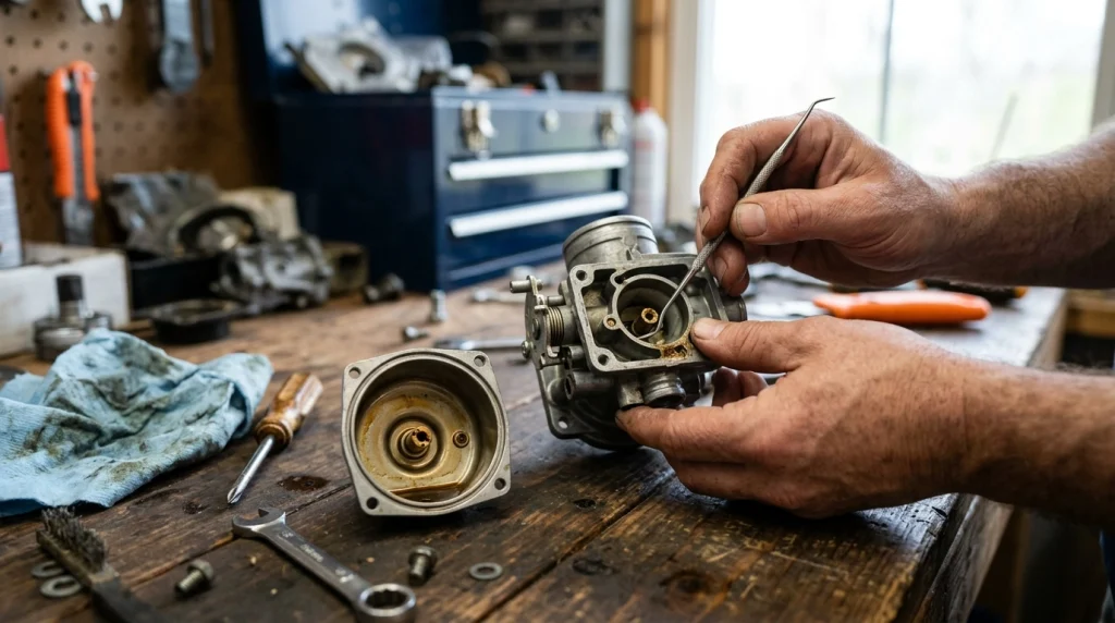 Generator carburetor with fuel residue showing problems caused by gas left too long.
