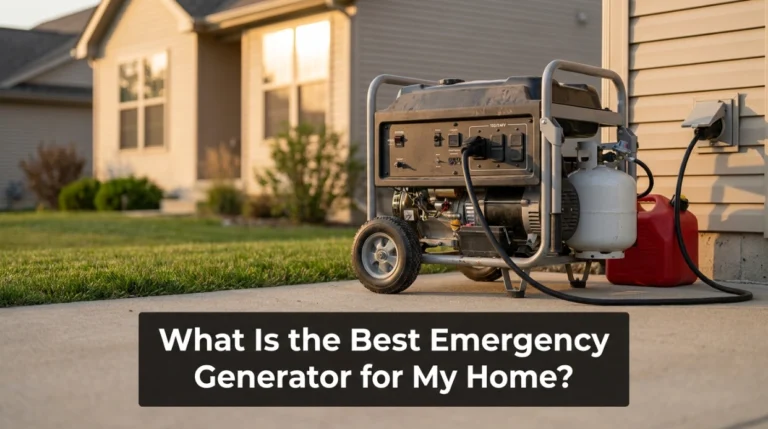 Dual-fuel emergency generator positioned outdoors beside a suburban home for backup power