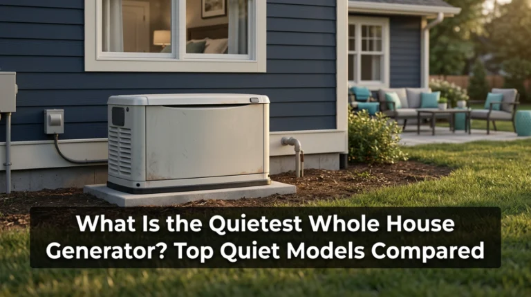 Quiet whole house standby generator installed beside a suburban home for low-noise backup power