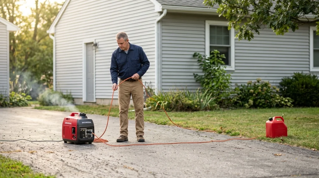 Portable generator outdoors with safe exhaust direction, dry cords and fuel precautions.