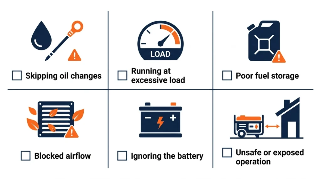 Checklist of six common issues that shorten generator lifespan, from poor oil care to blocked airflow.