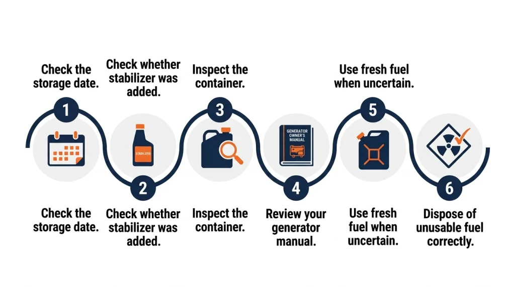 Six-step process for checking, replacing, and disposing of year-old generator gasoline.
