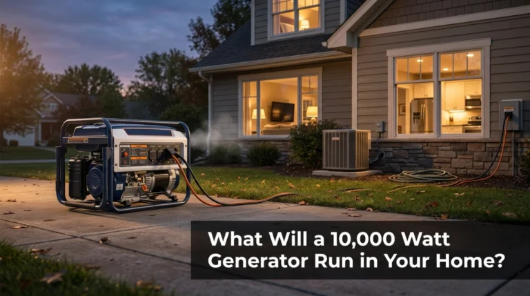 10,000-watt portable generator supplying backup power to a suburban home