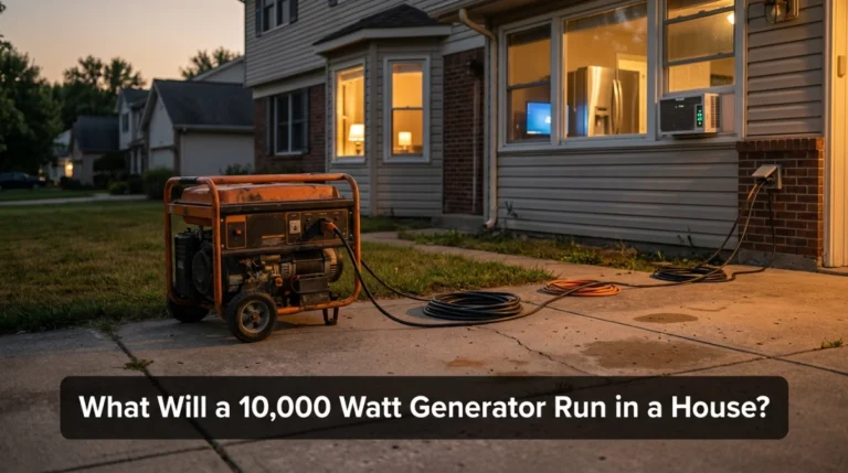 10,000 watt portable generator supplying essential circuits to a suburban home during an outage