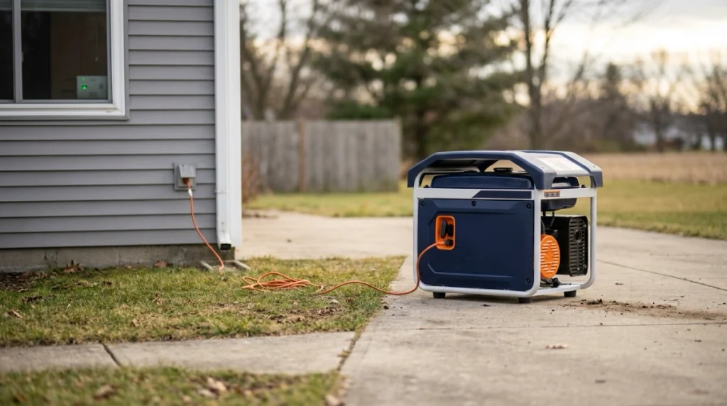 Portable generator operating outdoors far from a home’s windows, doors, and vents