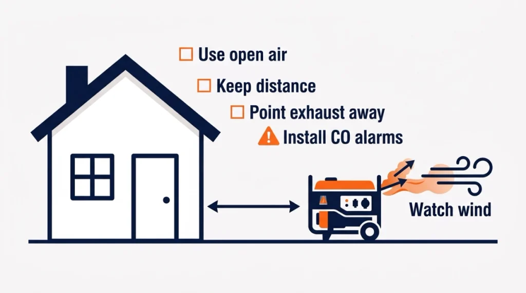 Generator safety placement diagram with exhaust pointed away from house