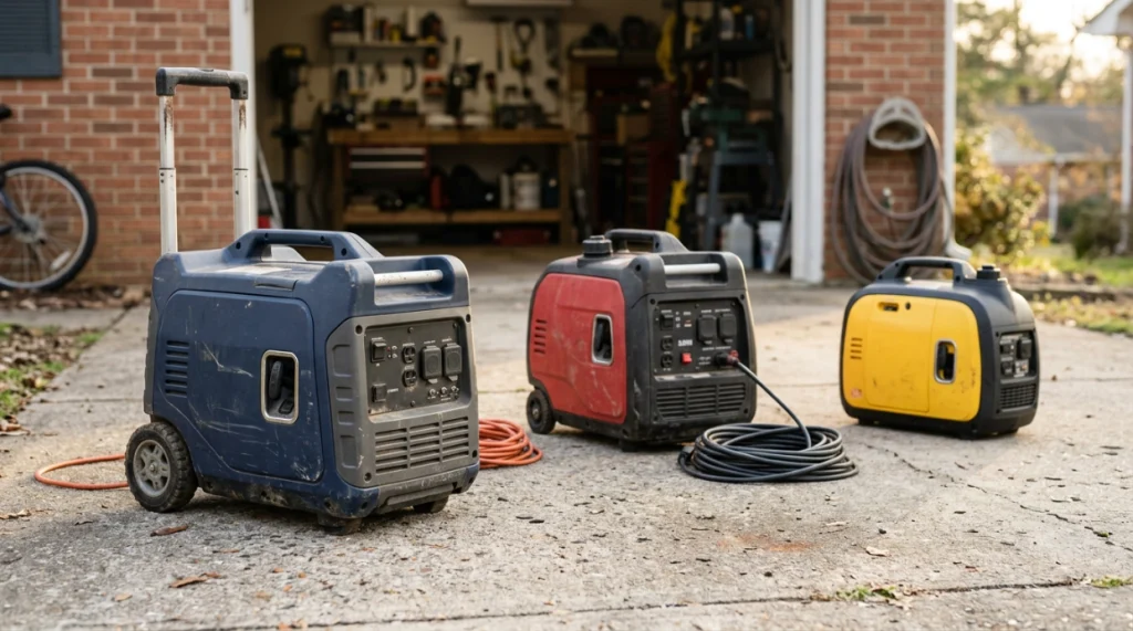 Three inverter generators representing quiet home backup, minimum noise and budget value