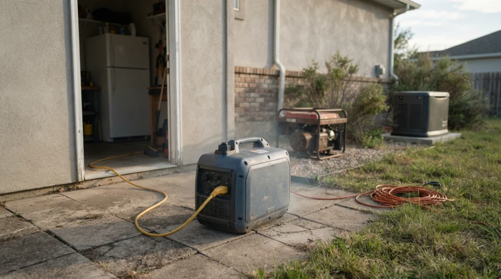 Compact inverter generator supplying variable residential backup loads outdoors