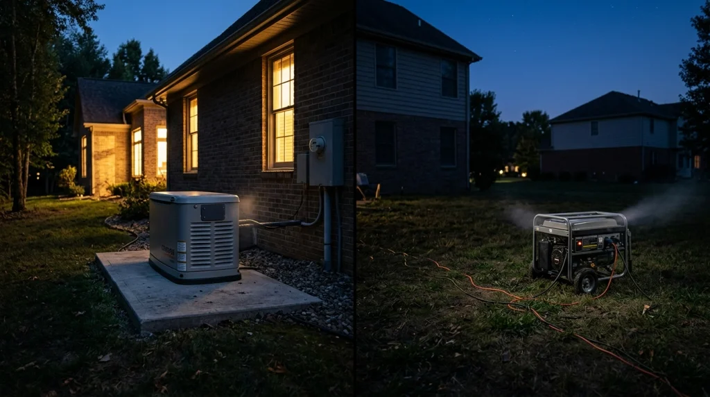 Whole house standby generator compared with portable generator operating outdoors at night