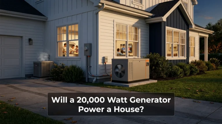 20,000 watt generator supplying backup power to a suburban house during an outage