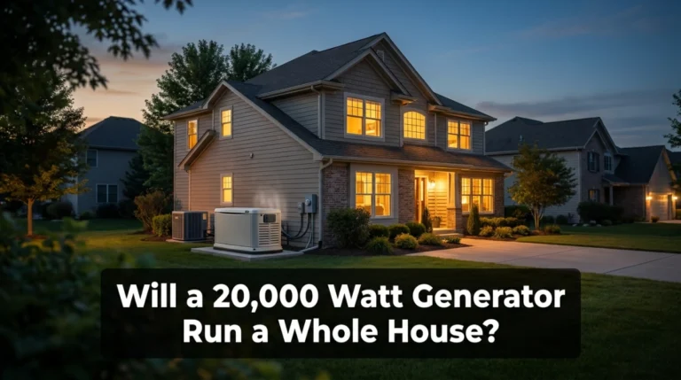 20,000-watt whole-house generator powering a suburban home during an electrical outage