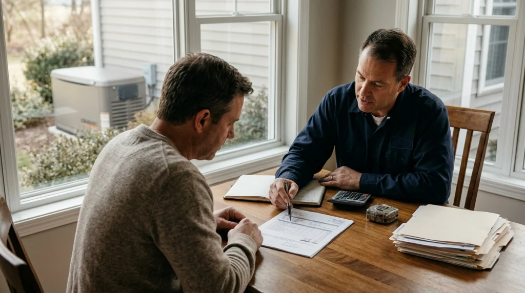 Homeowner and electrician reviewing a generator installation quote at a table beside a window