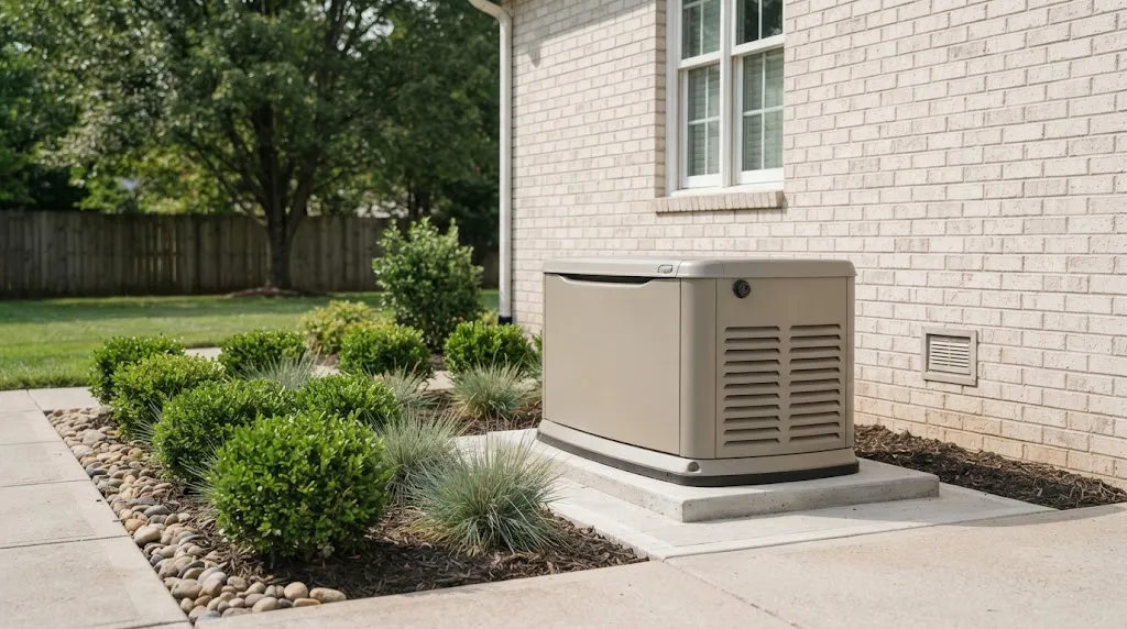 Standby generator surrounded by trimmed landscaping for optimal airflow.
