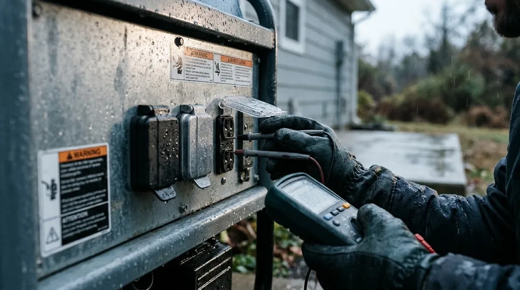 Close-up of generator control panel showing electrical components and moisture.