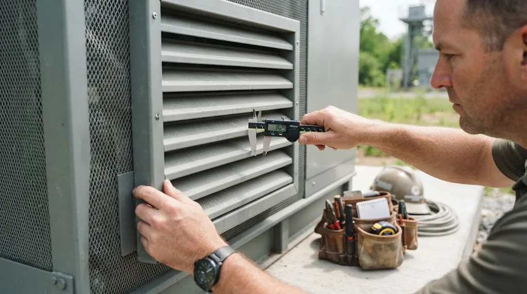 Close-up of metal louver vents being measured for generator shelter airflow calculations.