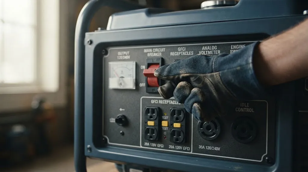 Close-up of a hand turning off a generator circuit breaker switch.