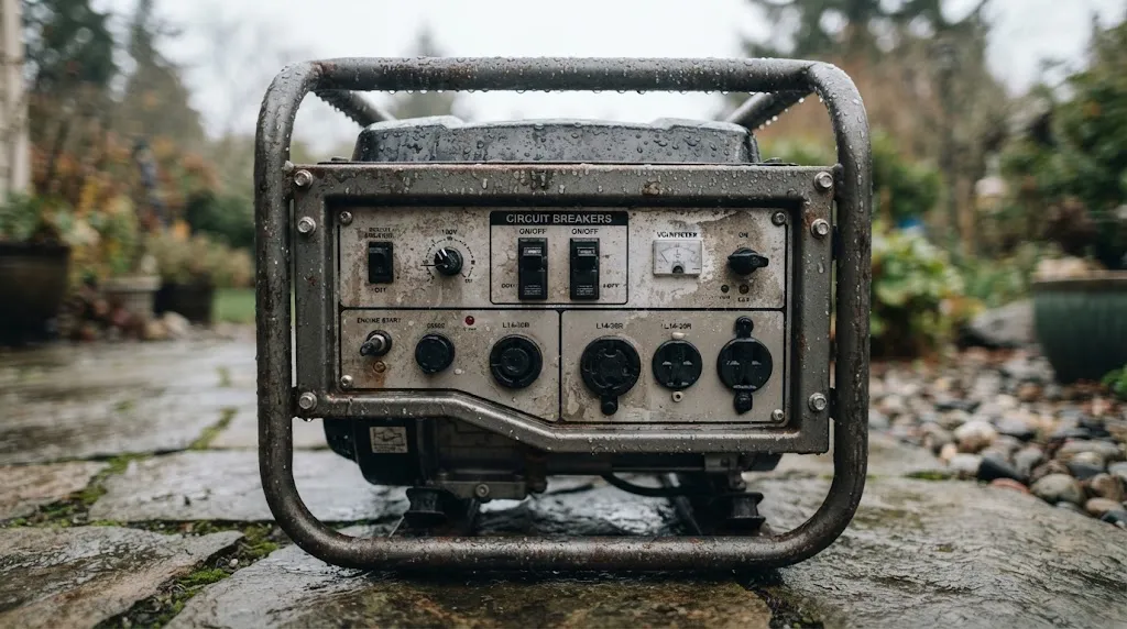 Close-up of a portable generator control panel showing exposure to moisture and dew.