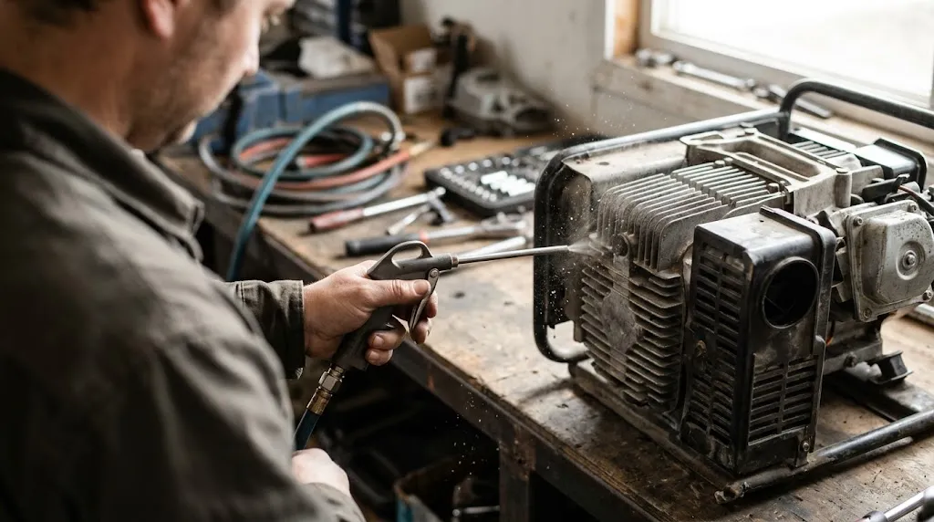 Maintenance cleaning of generator cooling fins and engine air intake filters.