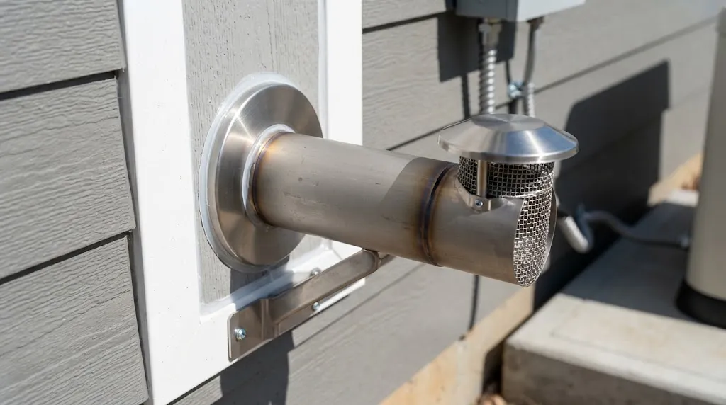 Close-up of generator exhaust pipe and wall thimble installation with exterior rain cap.