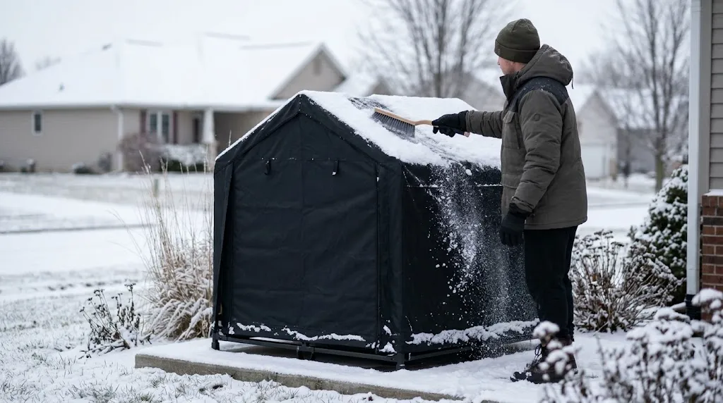 Person brushing snow off a portable generator running tent in winter.