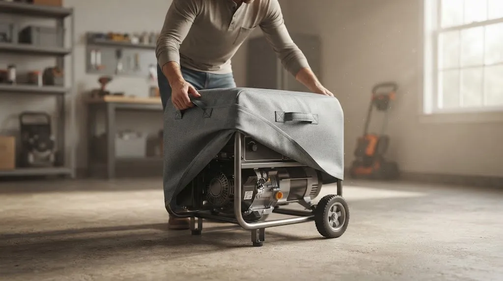 Portable generator being fitted with a breathable fabric storage cover in a dry garage.