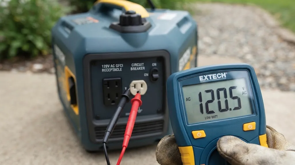 Testing generator output voltage with a digital multimeter.