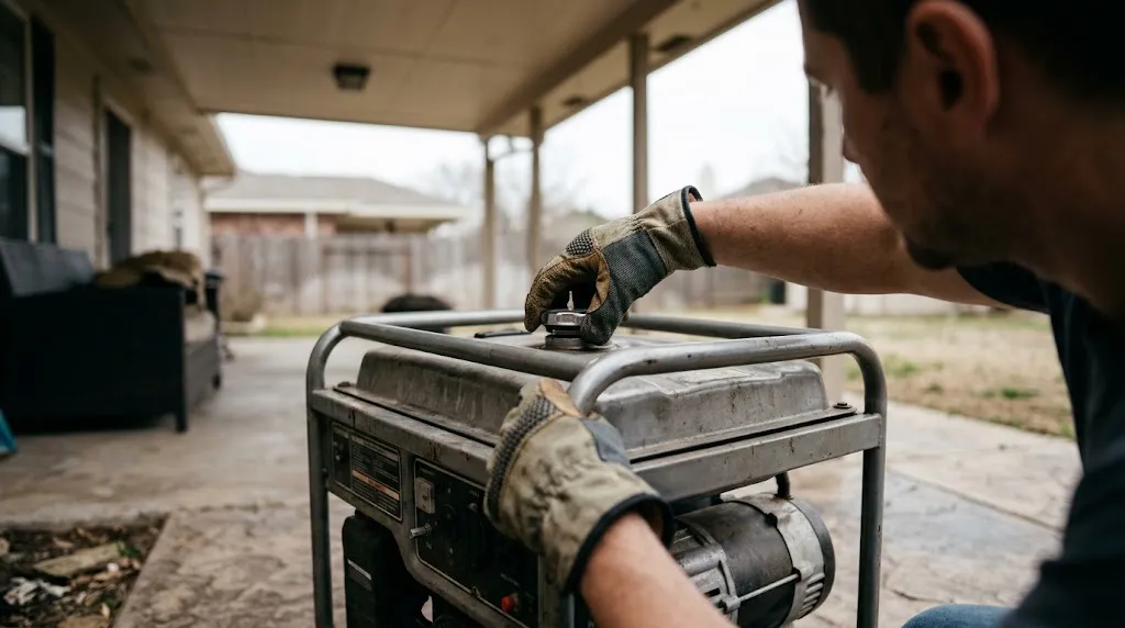 Person safely refueling a cooled portable generator under shelter.