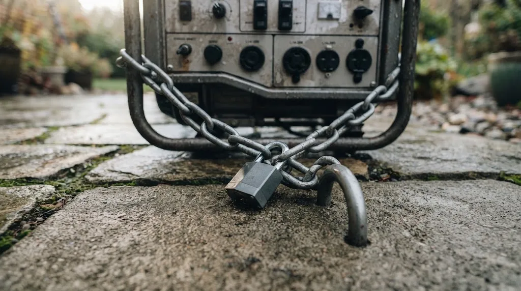 Heavy-duty security chain locked to a portable generator and anchored to concrete.