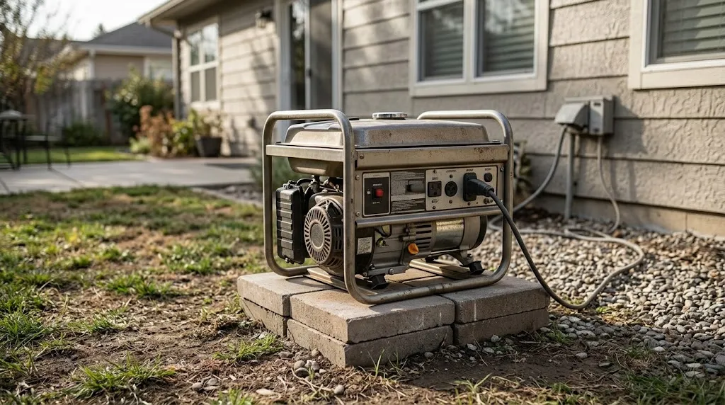 Portable generator placed safely on elevated pavers away from the house exterior.