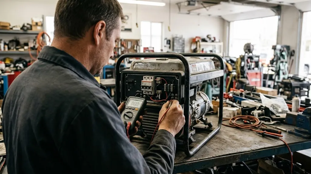 Technician inspecting a generator for internal water damage and electrical faults.