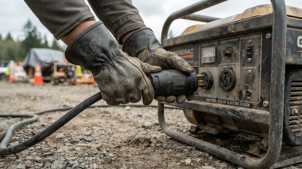 Technician disconnecting power cables from a generator safely.