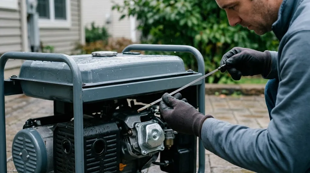 Homeowner checking generator oil for water contamination during recovery.