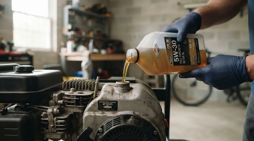 Mechanic pouring 5W-30 synthetic oil into generator engine for winter use.