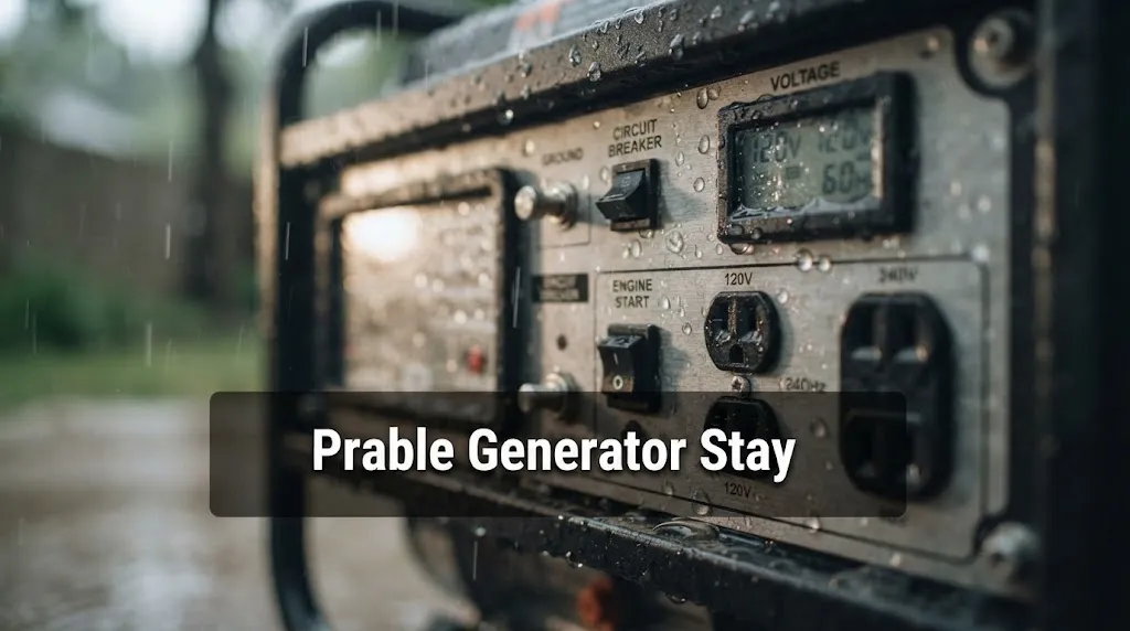 Wet generator control panel highlighting electrical shock and short circuit risks.