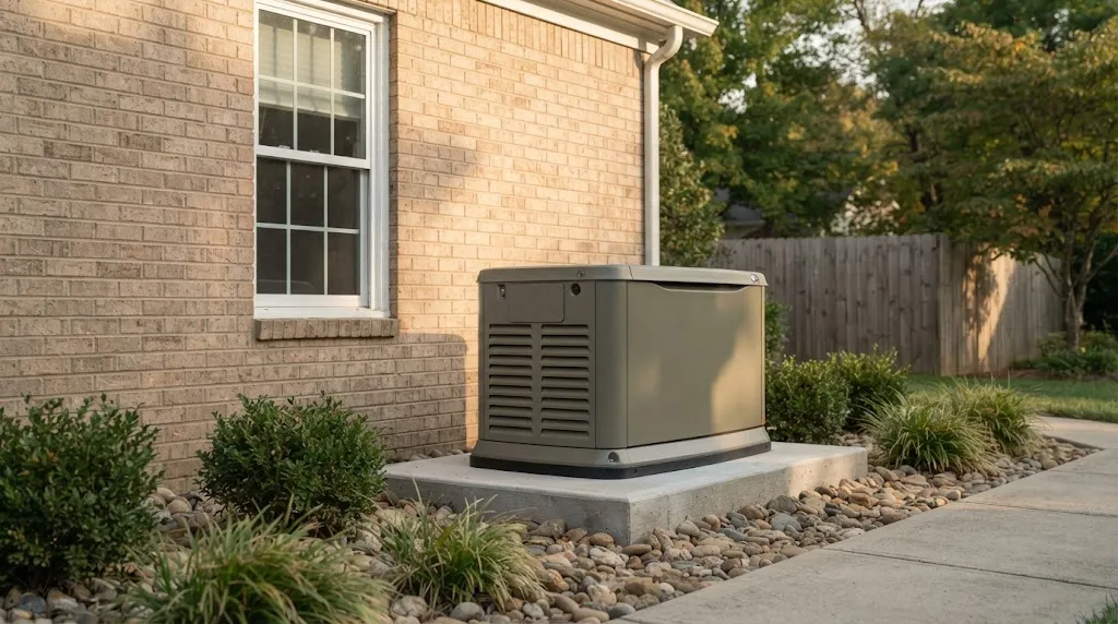 Stationary generator installed outside a building maintaining safe distance from windows.