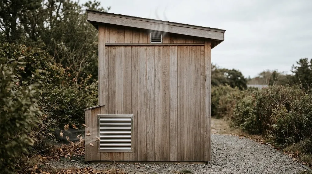 Exterior view of generator shed demonstrating wind and stack effect ventilation.