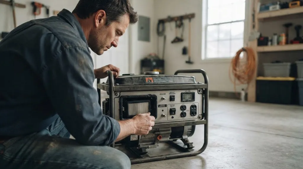 Homeowner inspecting a wet portable generator moved to a dry garage shelter.