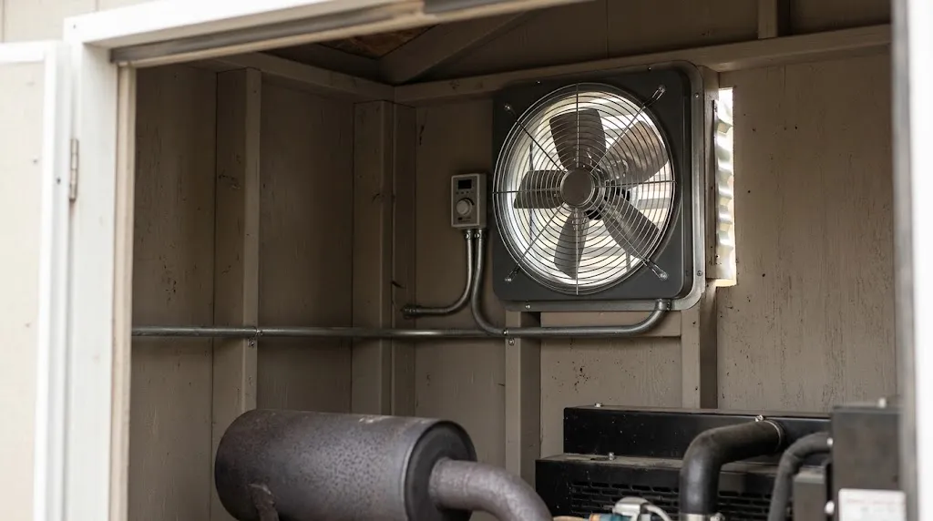 Interior view of a mechanical exhaust fan in a generator shelter.