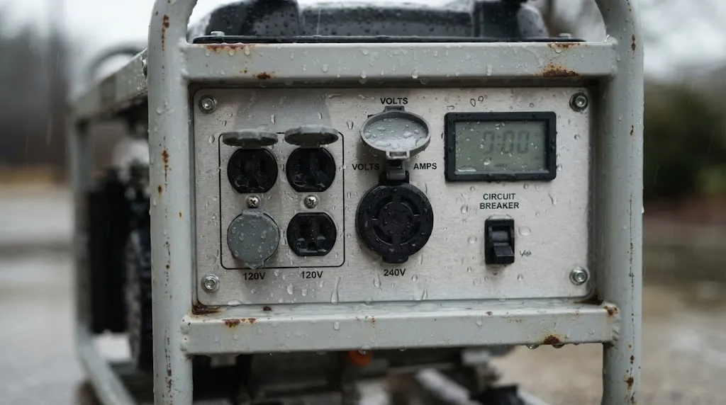 Close-up of portable generator control panel exposed to rain showing moisture hazards.